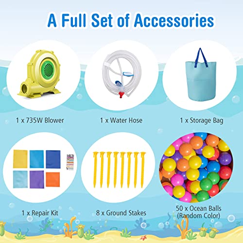 BOUNTECH Inflatable Water Slide, 2 in 1 Ocean Bounce House Water Slide with Ball Pit & Splash Pool for Kids Outdoor Fun, Bouncy Castle Waterslides Inflatables for Kids Boys Girls Backyard Party Gifts